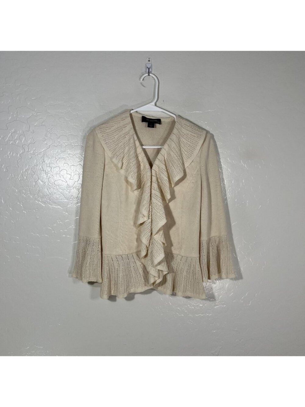 St. John Cardigan Sweater Womens 2 White Open Front Ruffle Flare Sleeve Knit